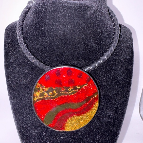 Chico's Jewelry - VTG Chico's Red and Gold Artistic Glass Pendant Statment  Necklace Chic